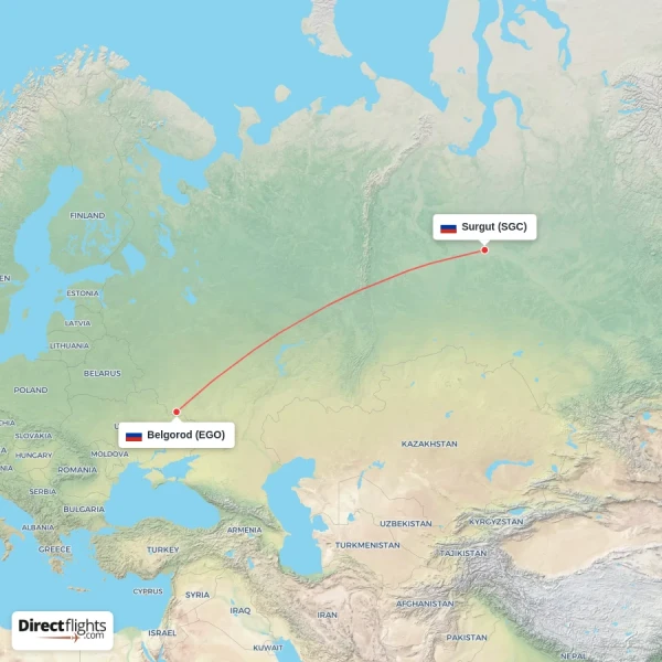 Belgorod - Surgut direct flight map