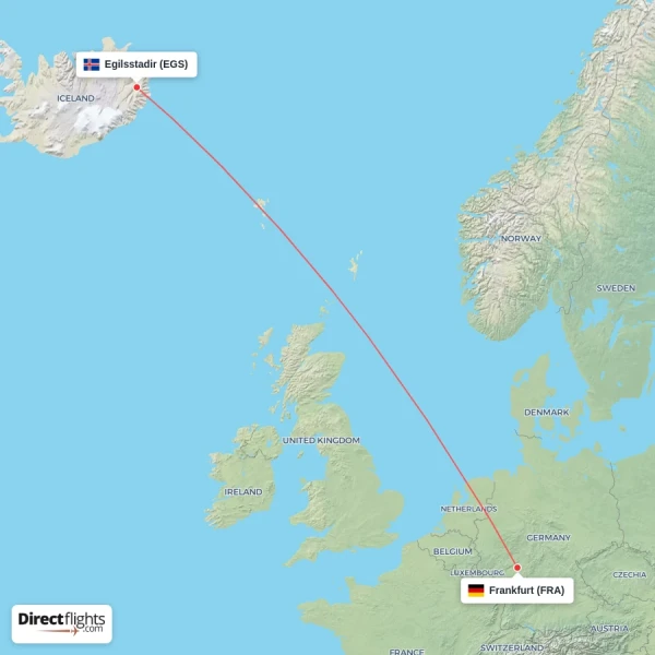 Egilsstadir - Frankfurt direct flight map