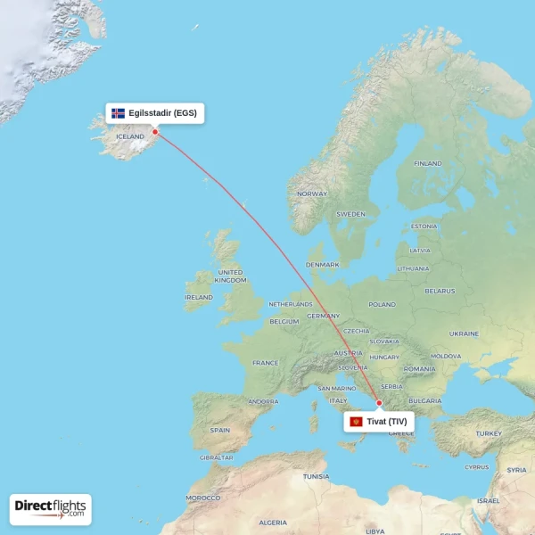 Egilsstadir - Tivat direct flight map