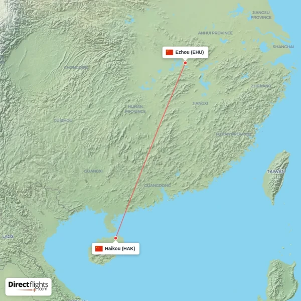 Ezhou - Haikou direct flight map