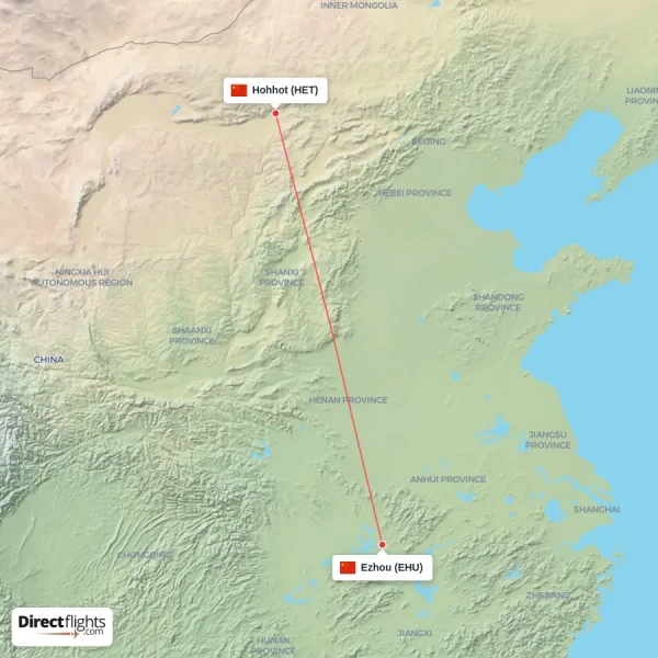 Ezhou - Hohhot direct flight map