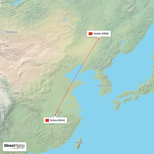 Ezhou - Harbin direct flight map