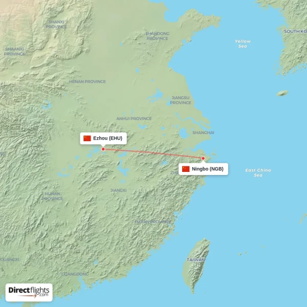 Ezhou - Ningbo direct flight map