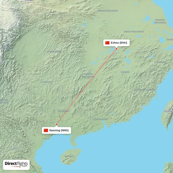 Ezhou - Nanning direct flight map