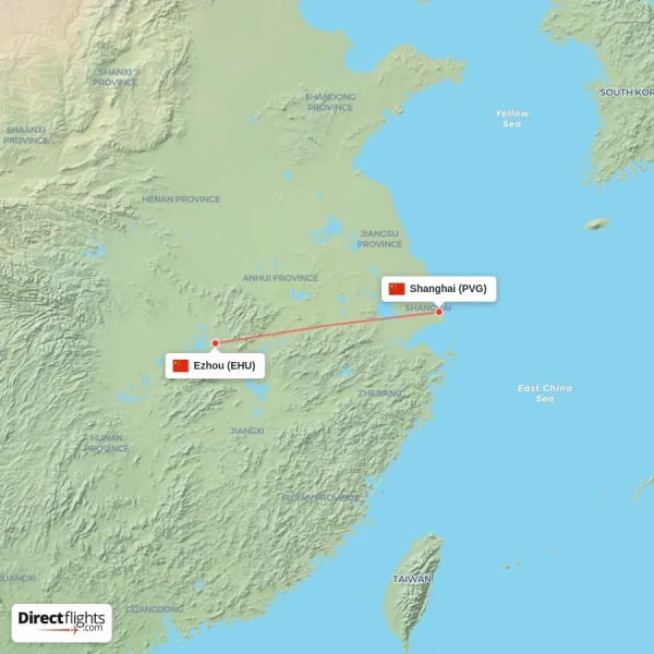 Ezhou - Shanghai direct flight map