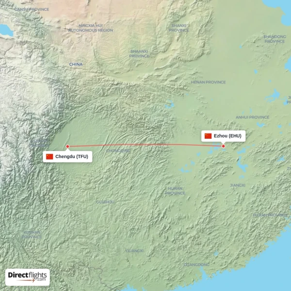 Ezhou - Chengdu direct flight map