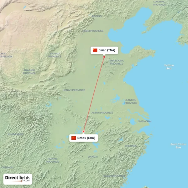 Ezhou - Jinan direct flight map