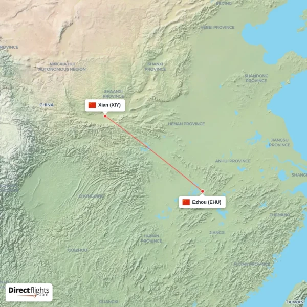 Ezhou - Xian direct flight map