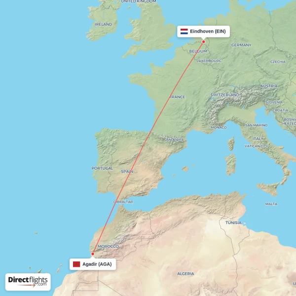 Eindhoven - Agadir direct flight map