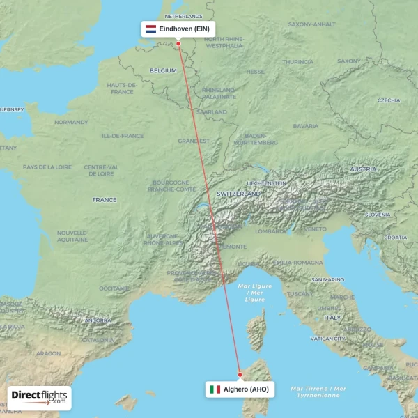 Eindhoven - Alghero direct flight map
