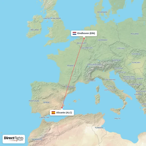 Eindhoven - Alicante direct flight map