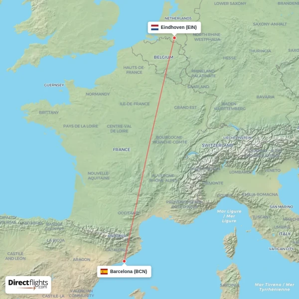Eindhoven - Barcelona direct flight map