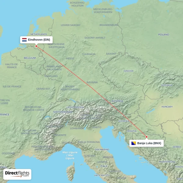 Eindhoven - Banja Luka direct flight map