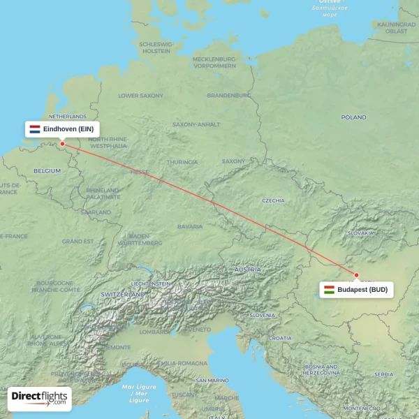 Eindhoven - Budapest direct flight map