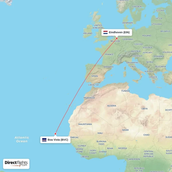 Eindhoven - Boa Vista direct flight map
