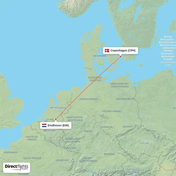 Eindhoven - Copenhagen direct flight map
