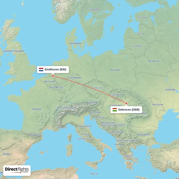 Eindhoven - Debrecen direct flight map