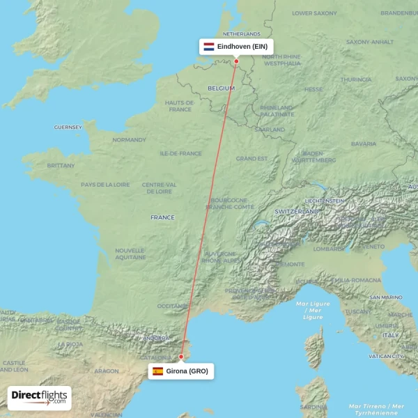Eindhoven - Girona direct flight map