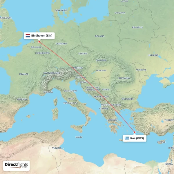 Eindhoven - Kos direct flight map