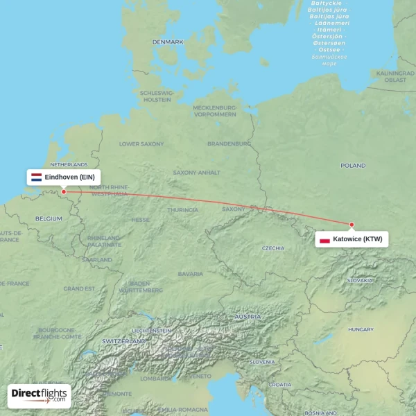 Eindhoven - Katowice direct flight map