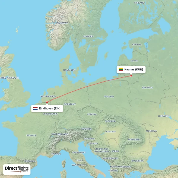 Eindhoven - Kaunas direct flight map