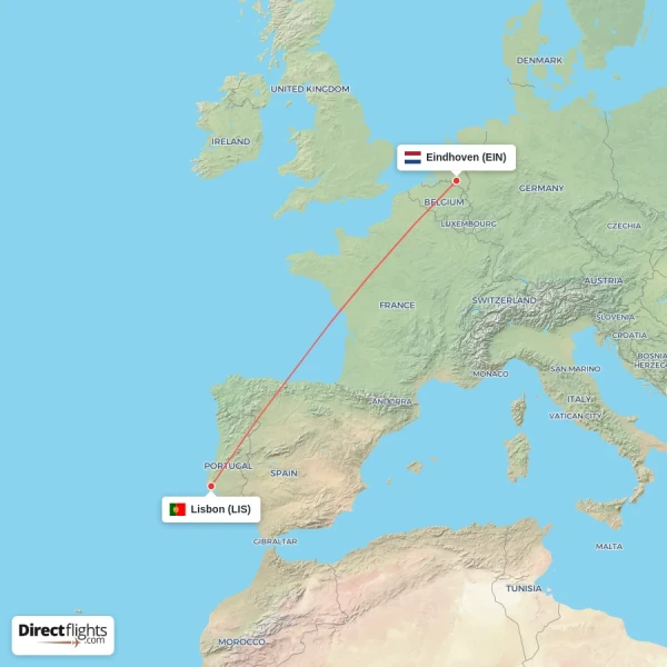 Eindhoven - Lisbon direct flight map