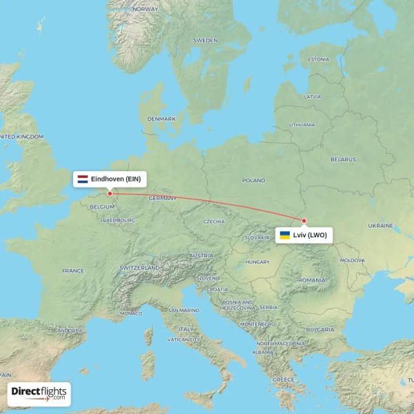 Eindhoven - Lviv direct flight map