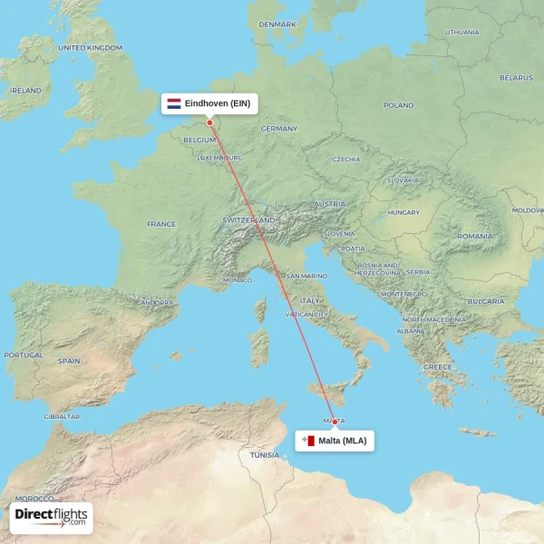 Eindhoven - Malta direct flight map