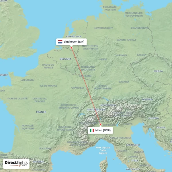 Eindhoven - Milan direct flight map
