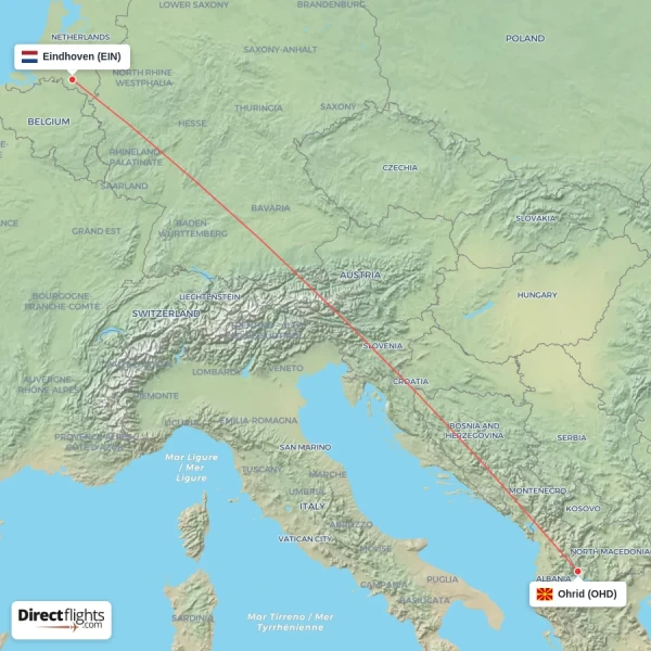 Eindhoven - Ohrid direct flight map