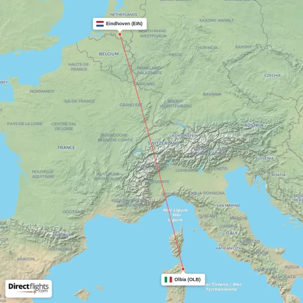 Eindhoven - Olbia direct flight map