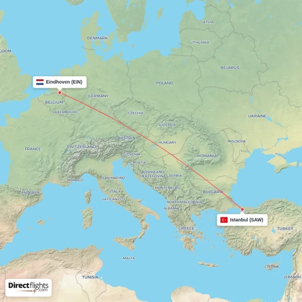 Eindhoven - Istanbul direct flight map