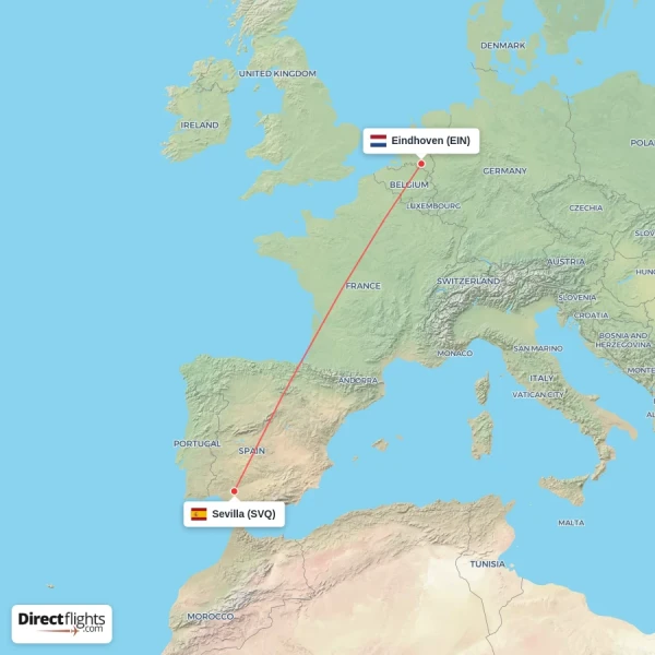 Eindhoven - Sevilla direct flight map