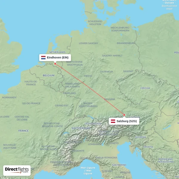 Eindhoven - Salzburg direct flight map