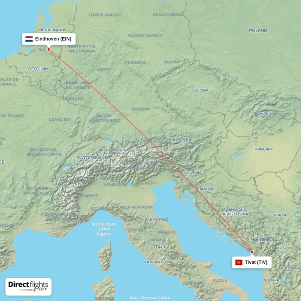 Eindhoven - Tivat direct flight map