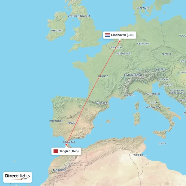 Eindhoven - Tangier direct flight map