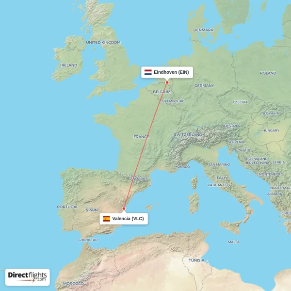 Eindhoven - Valencia direct flight map