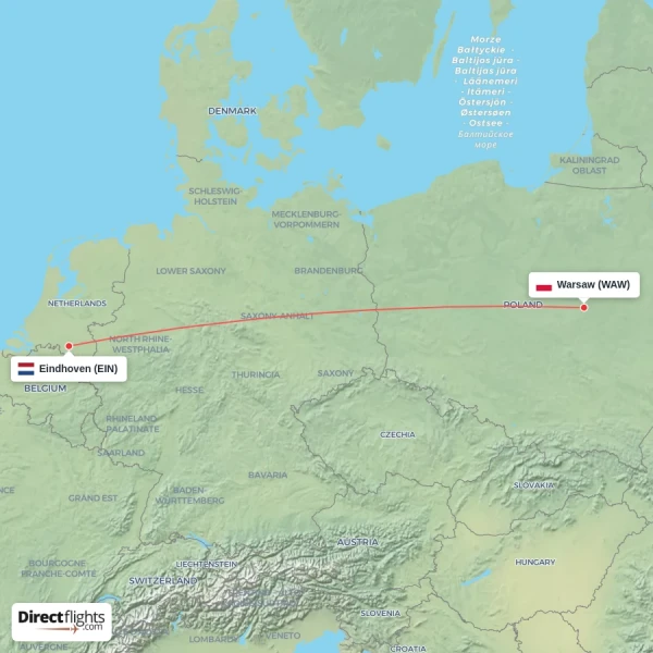 Eindhoven - Warsaw direct flight map