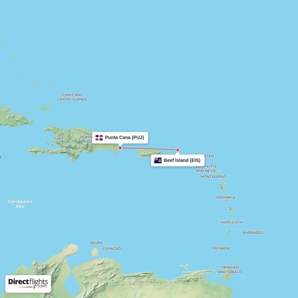 Beef Island - Punta Cana direct flight map