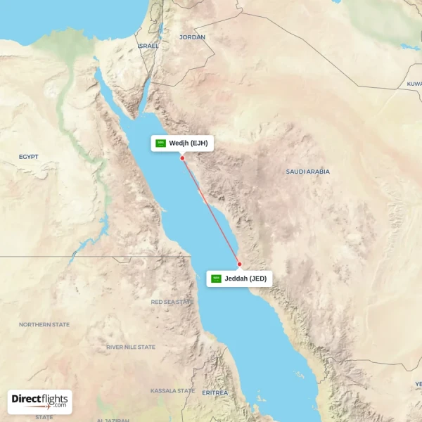 Wedjh - Jeddah direct flight map