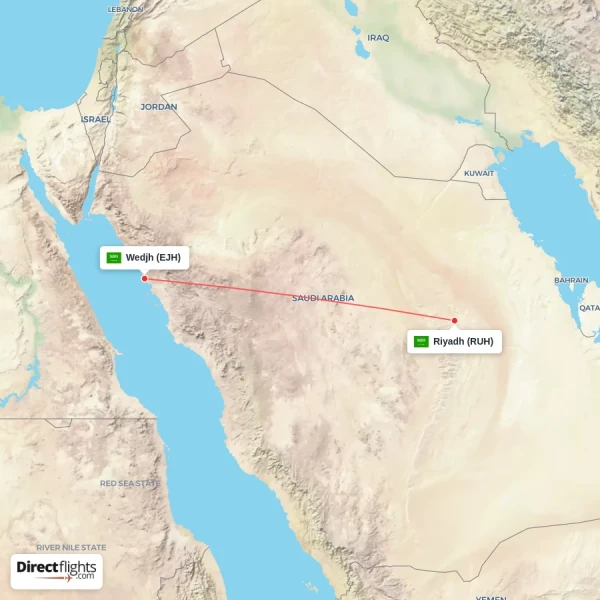 Wedjh - Riyadh direct flight map