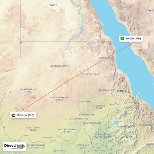 El Fasher - Jeddah direct flight map