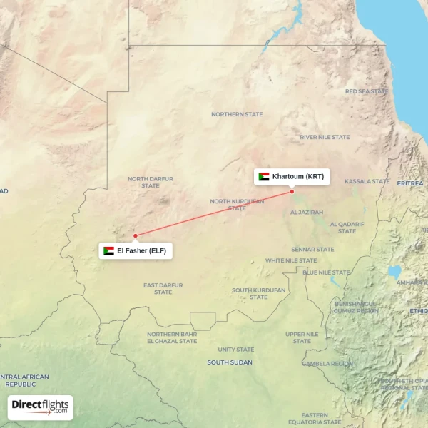 El Fasher - Khartoum direct flight map