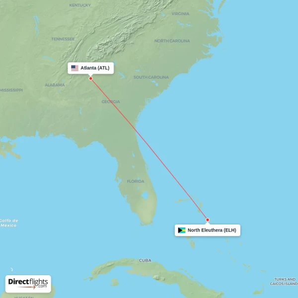 North Eleuthera - Atlanta direct flight map
