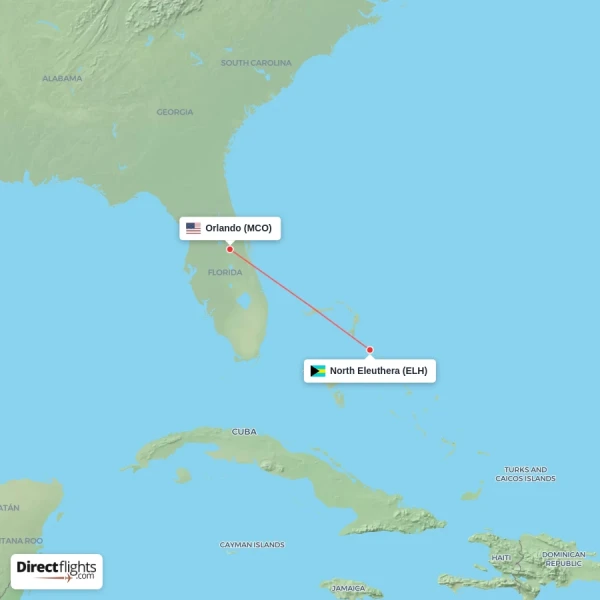 North Eleuthera - Orlando direct flight map