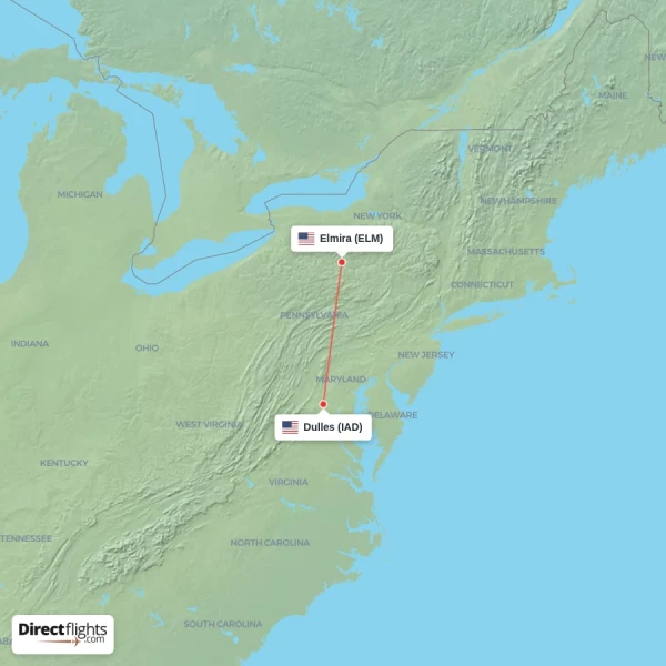 Elmira - Dulles direct flight map