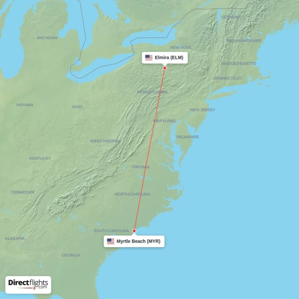 Elmira - Myrtle Beach direct flight map