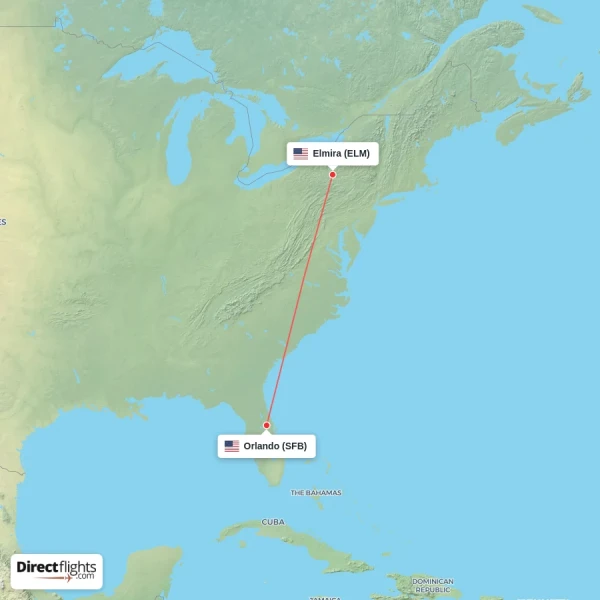 Elmira - Orlando direct flight map