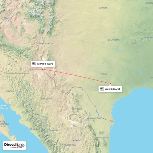El Paso - Austin direct flight map