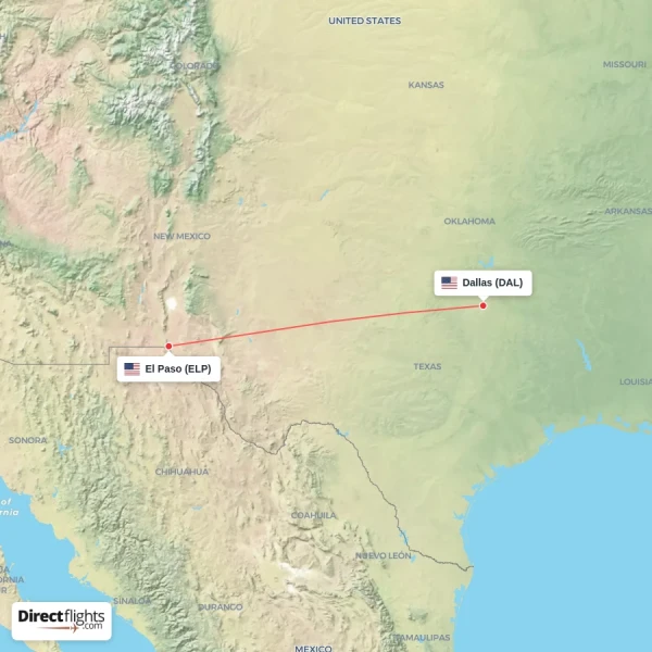 El Paso - Dallas direct flight map